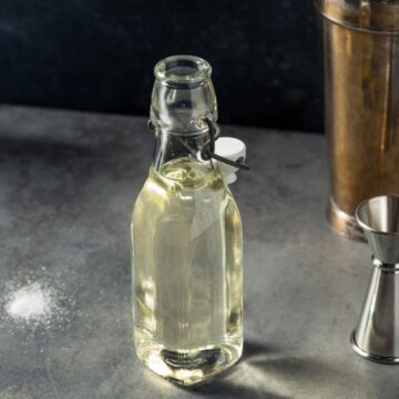 simple syrup in a glass bottle