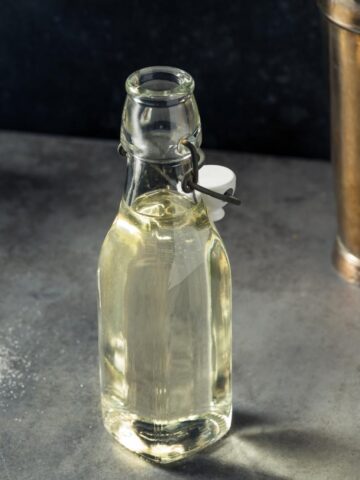 simple syrup in a glass bottle