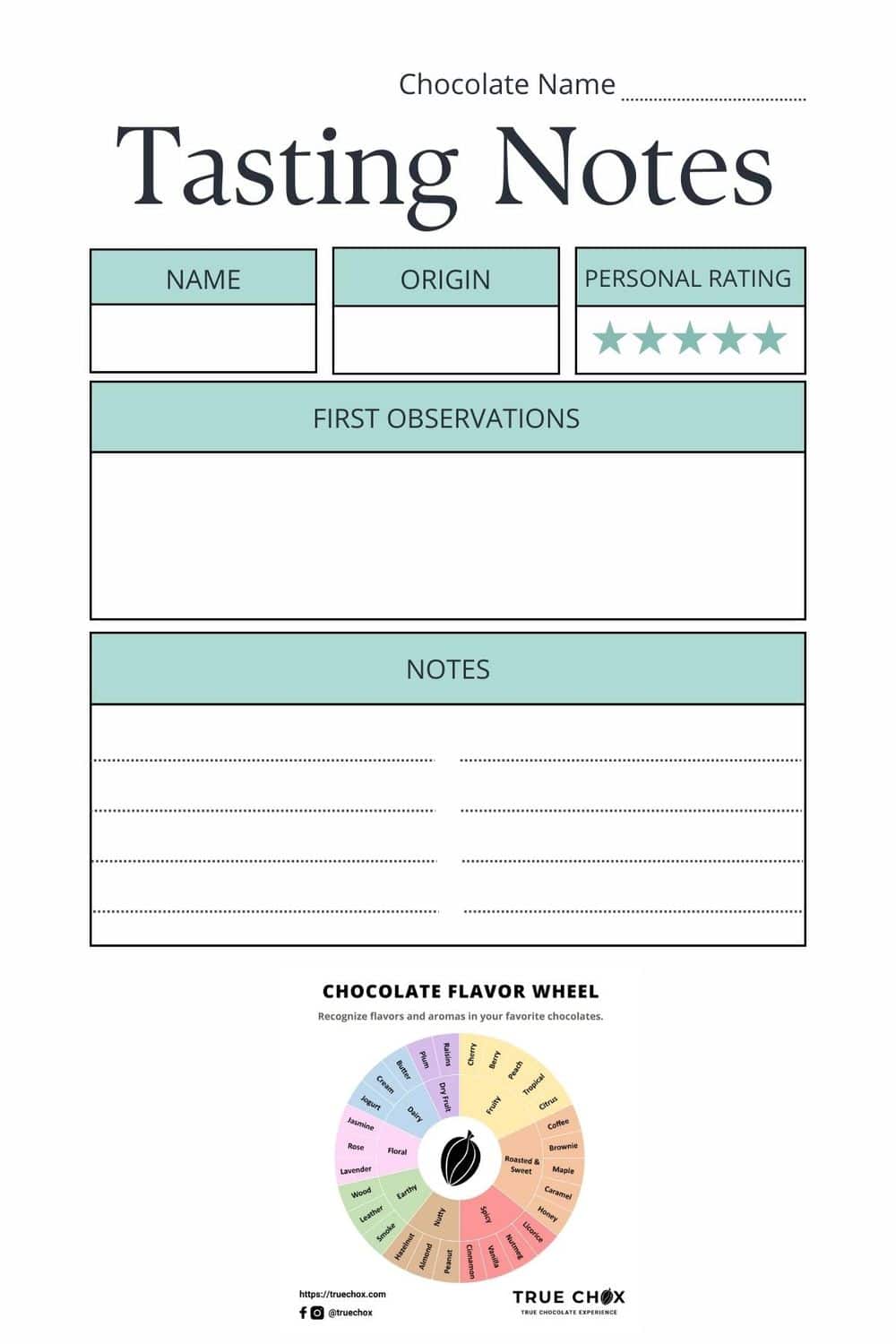 Printable chocolate tasting notes card.