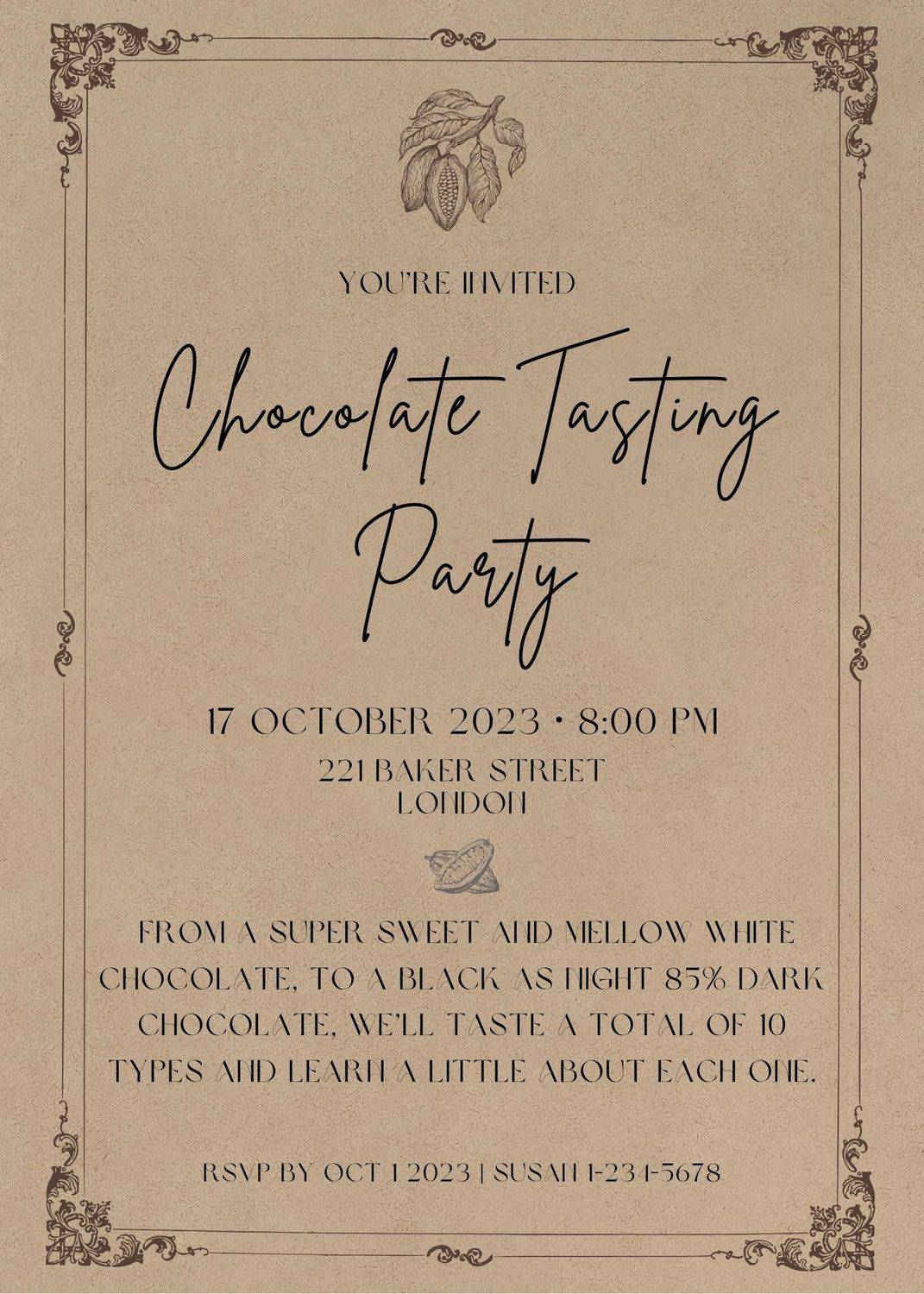 Sample Chocolate Tasting Party Invite with date, time, location, and short description.