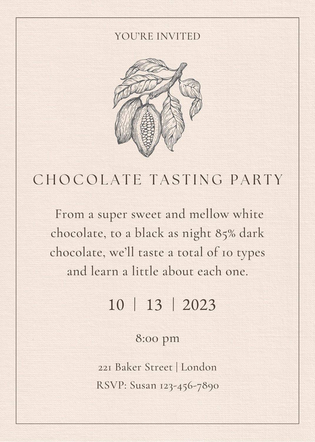 Sample Chocolate Tasting Party Invite with date, time, location, and short description.