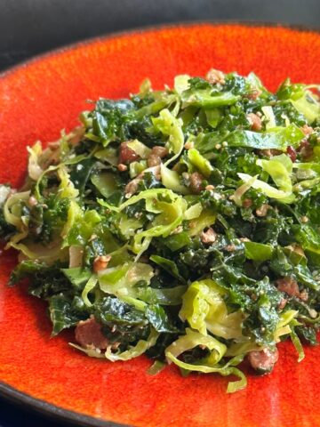 Kale and Brussels Sprout salad on a red plate.