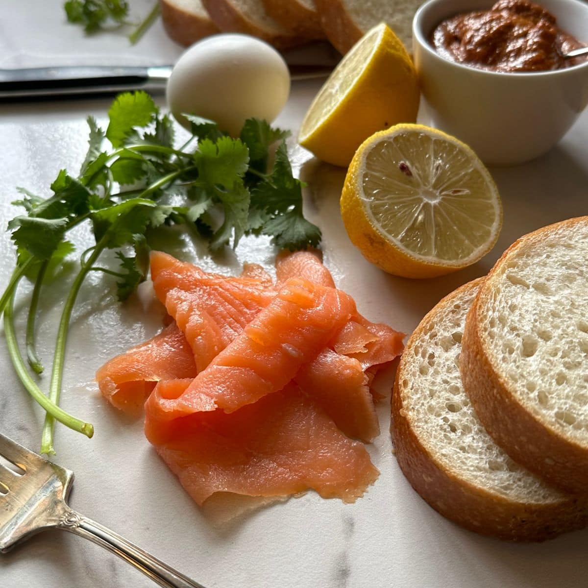 smoked salmon, bread, lemon slices, cilantro, and an egg on a white surface