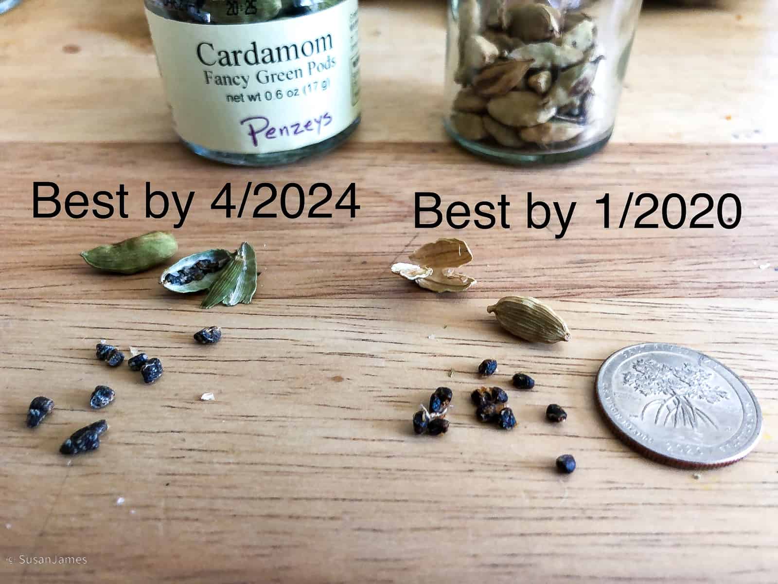 new and expired cardamom pods side by side.