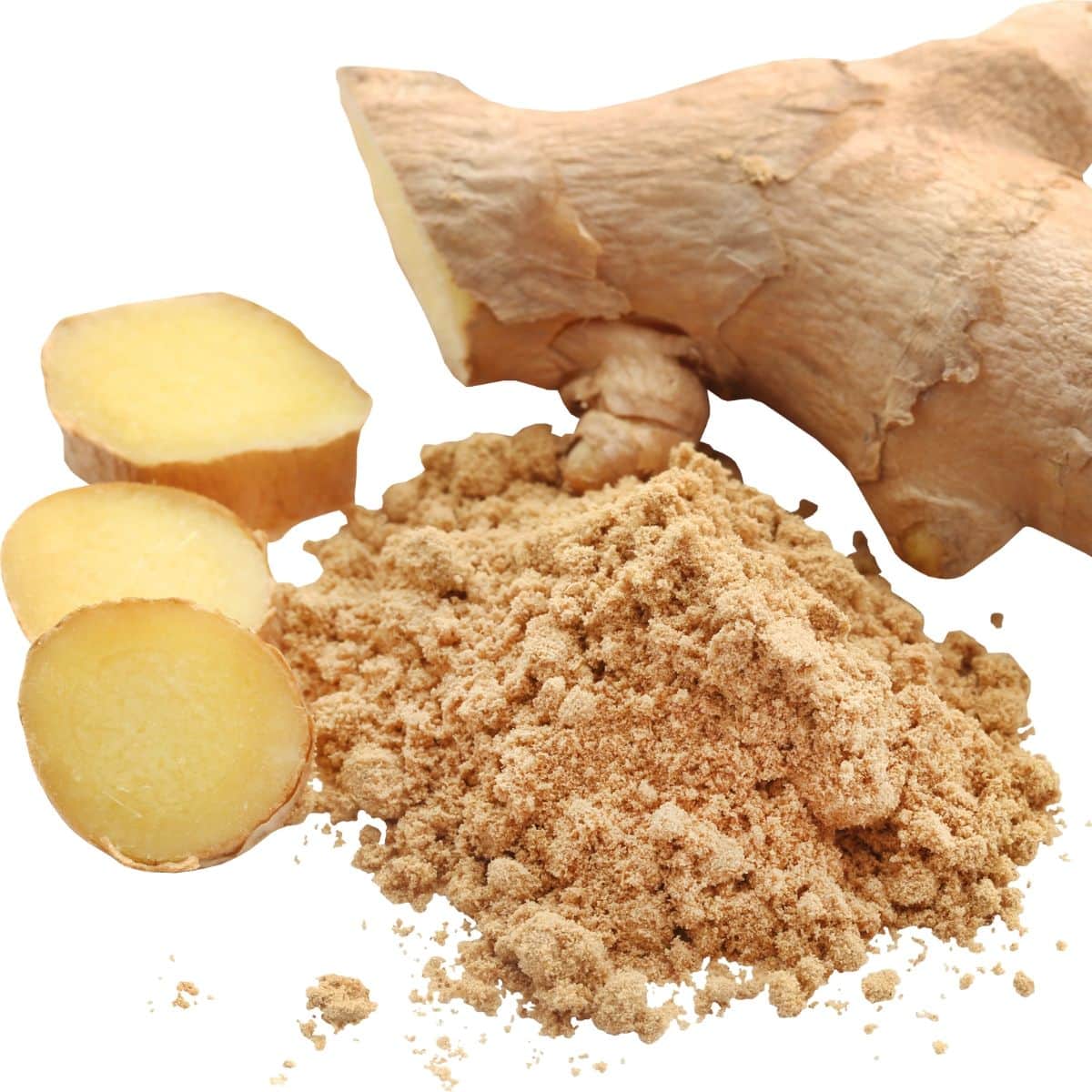 fresh ginger root slices and ground ginger.