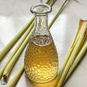Lemongrass simple syrup in a small glass bottle on a white counter with lemongrass stalks on the side.